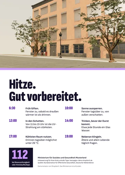 Vorschau Plakat A4: Wohnhaus in der Mittagshitze, Titel „Hitze. Gut vorbereitet.“, fünf Tipps und der Notruf 112.